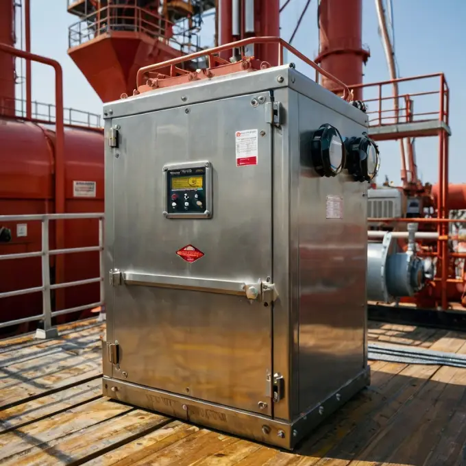 Explosion-proof offshore oil rig enclosure with corrosion-resistant coating