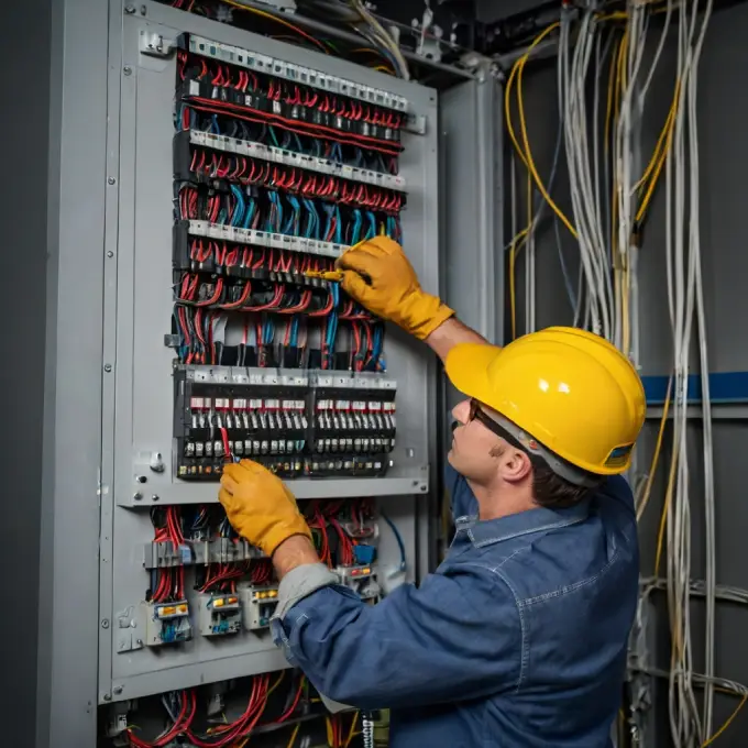 Commercial electrician installing a panelboard in a business facility.