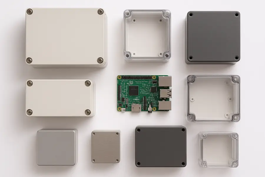 Various Small IoT Project Enclosures Collection of small enclosures for IoT projects including weatherproof and clear cases