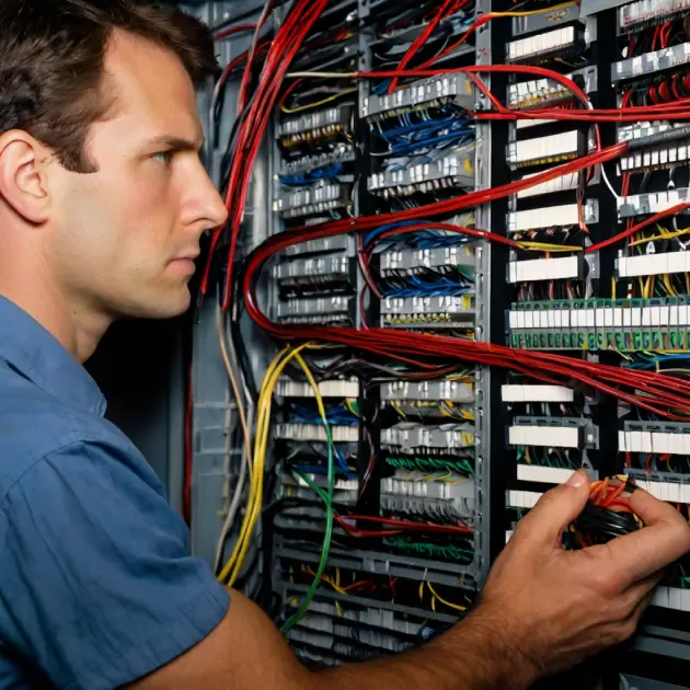 echnician using zip ties and wire ducts to organize control panel cables