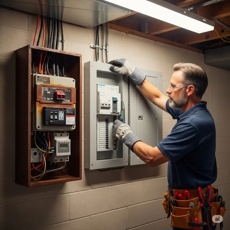 Expert Electrical Panel Upgrade Installation Process Professional electrician performing electrical panel upgrade installation